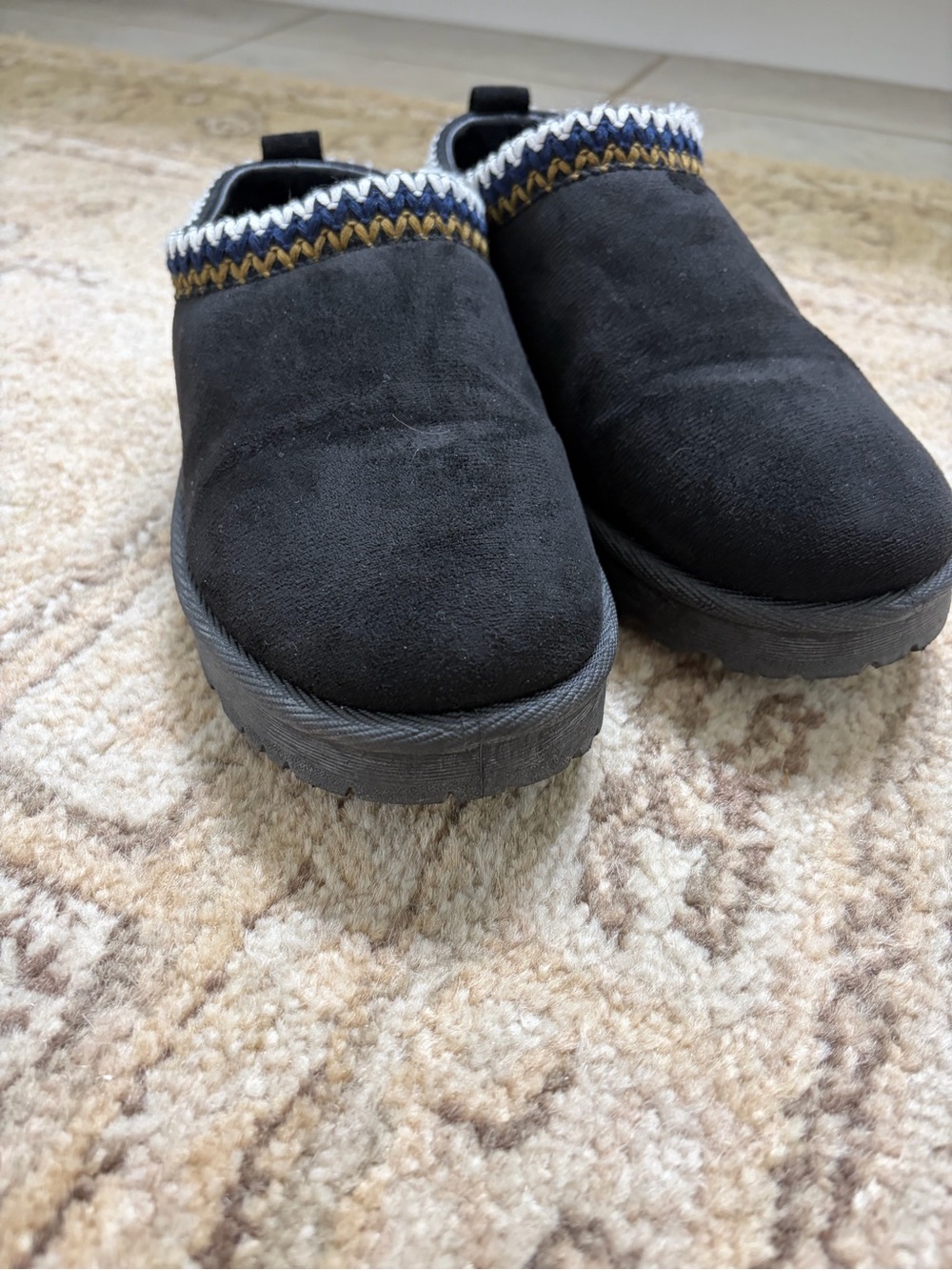 Women's Black Slip-On Suede Clog with Decorative Knit Trim